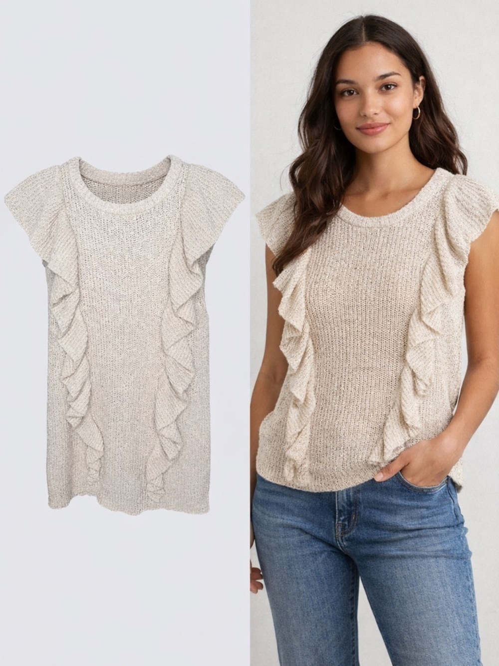 Adyson Parker | Beige Ruffle Knit Top | Cap Sleeve Lightweight Sweater | Size M